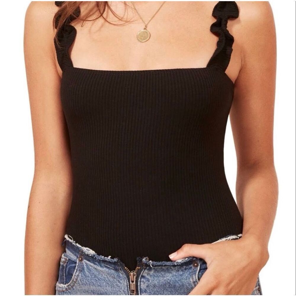 Reformation Hampton Ribbed Bodysuit Black Size Medium